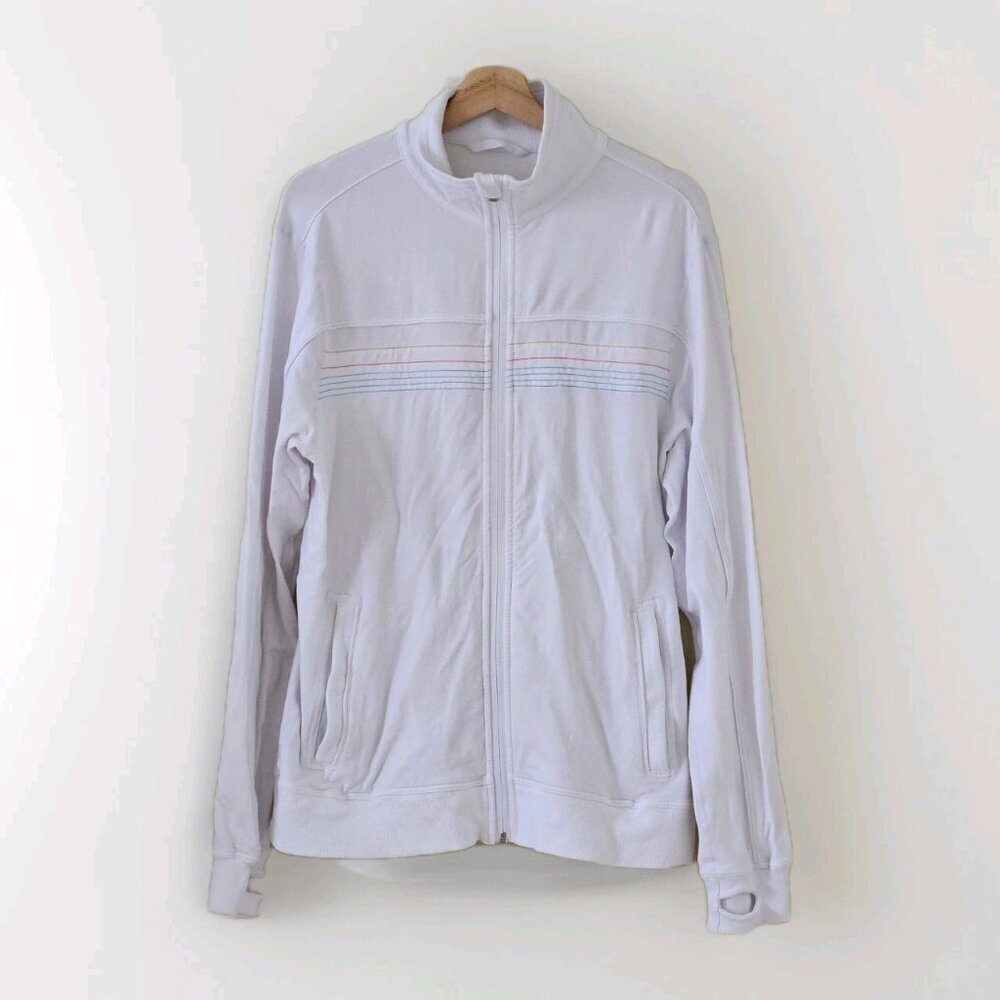 Lululemon Jacket Mens L White Color LInes Full Zip LS Track Pockets Stretch Logo
